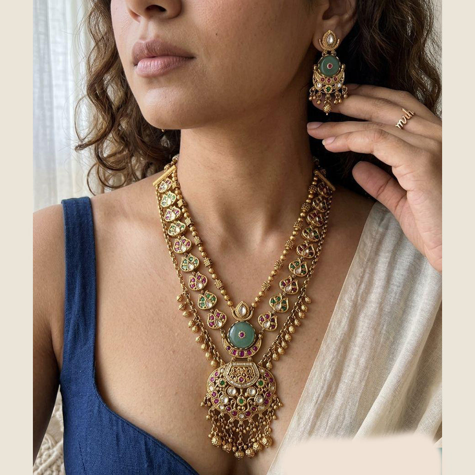 Pota Stone and Pearl Necklace in Oxidised Silver | Bridal Jewellery India