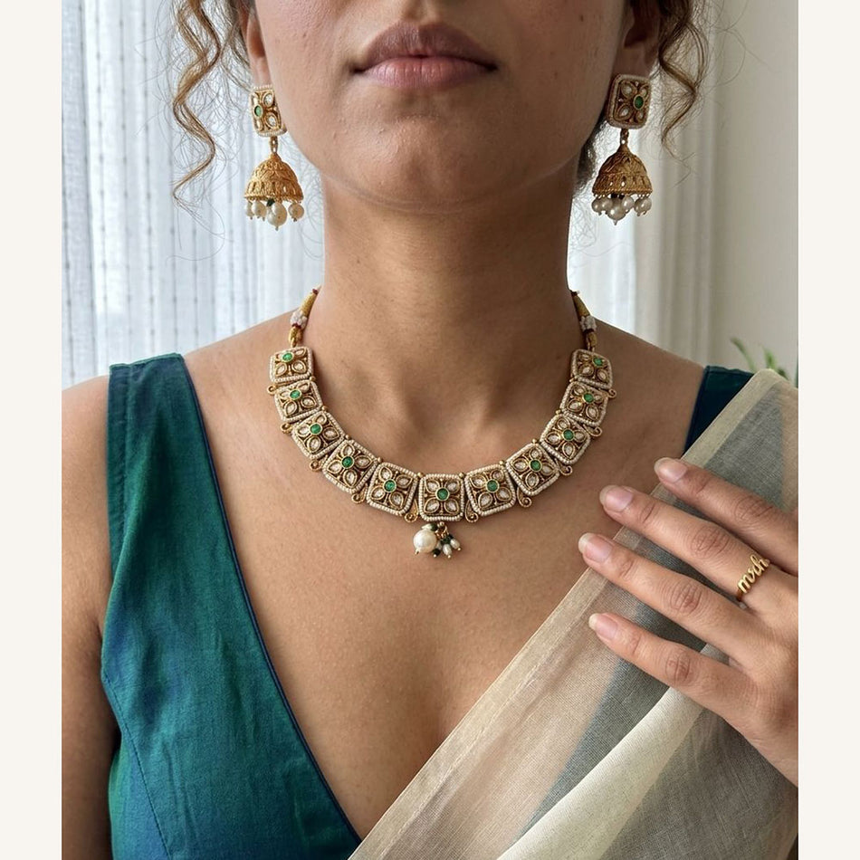 Pota Stone   Pearl Necklace in 14K Gold Plated | Bridal Jewellery India