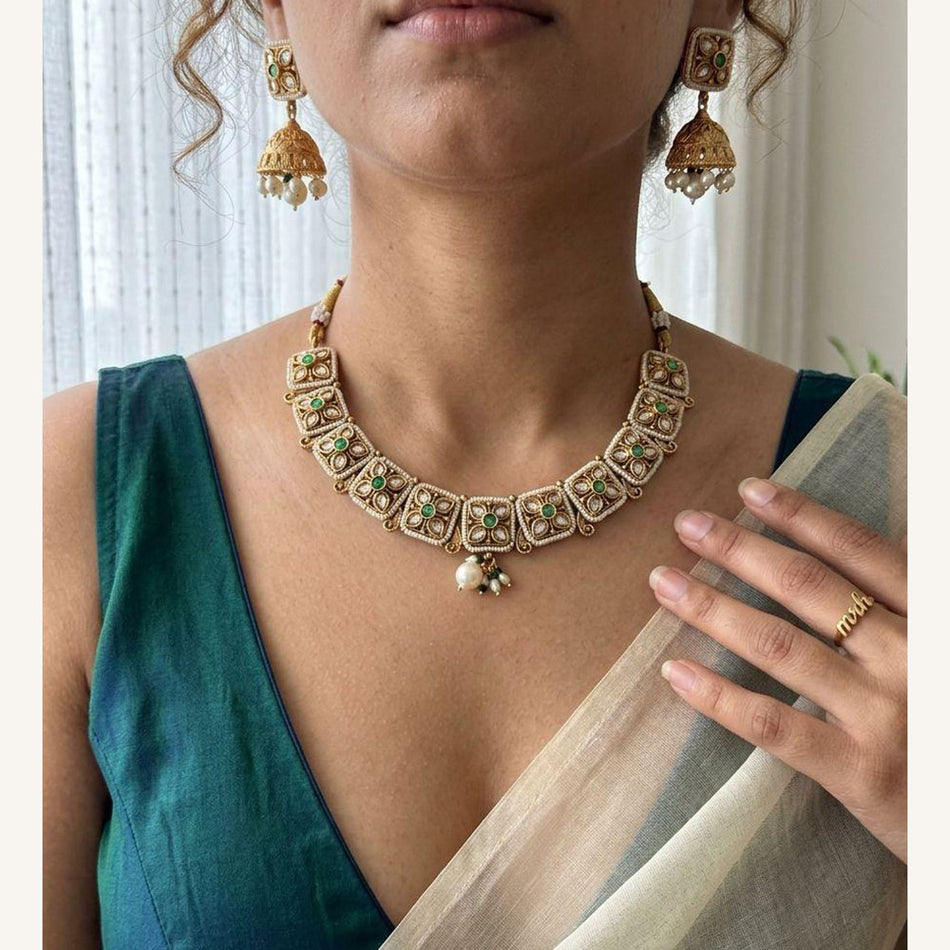 Pota Stone and Pearl Necklace in Rose Gold Plated | Bridal Jewellery India