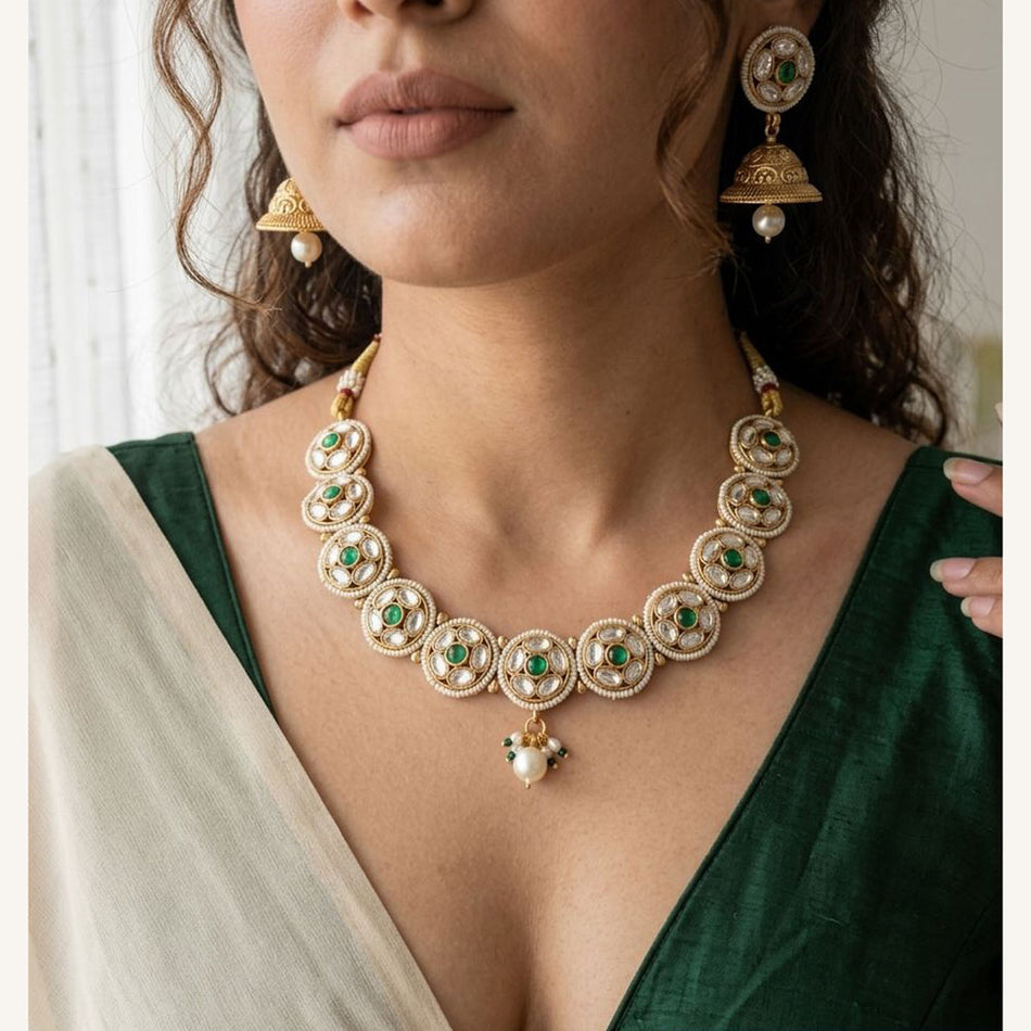 Pota Stone and Pearl Necklace in 14K Gold Plated | Bridal Jewellery India