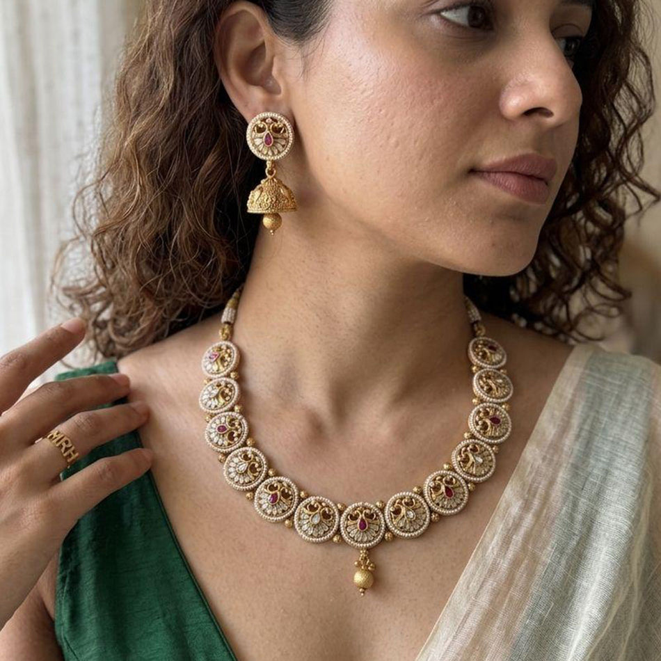 Pota Stone   Pearl Necklace in Gold Tone | Bridal Jewellery India