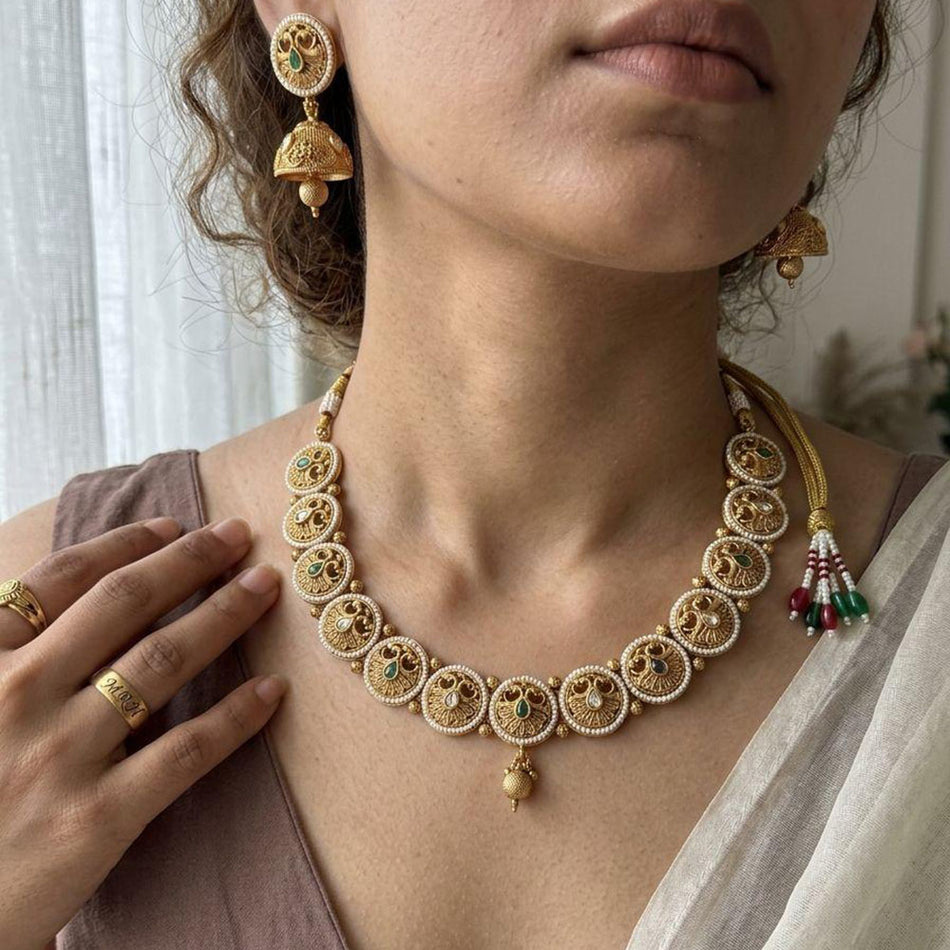 Pota Stone and Pearl Necklace in 14K Gold Plated | Bridal Jewellery India