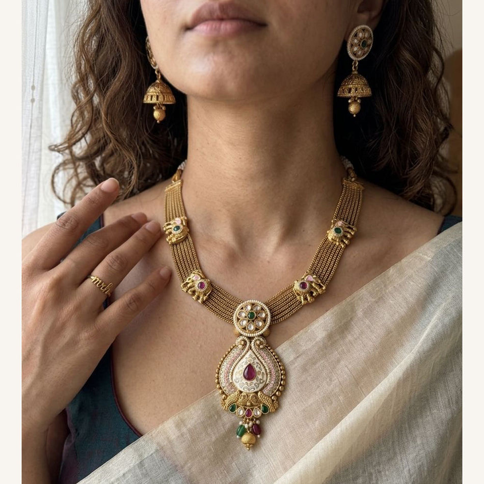 Meenakari Necklace in 14K Gold Plated with Pearl | Bridal Jewellery India