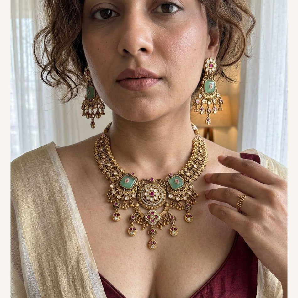 Rose Gold Plated Pota Stone Necklace Set | Bridal Jewellery India