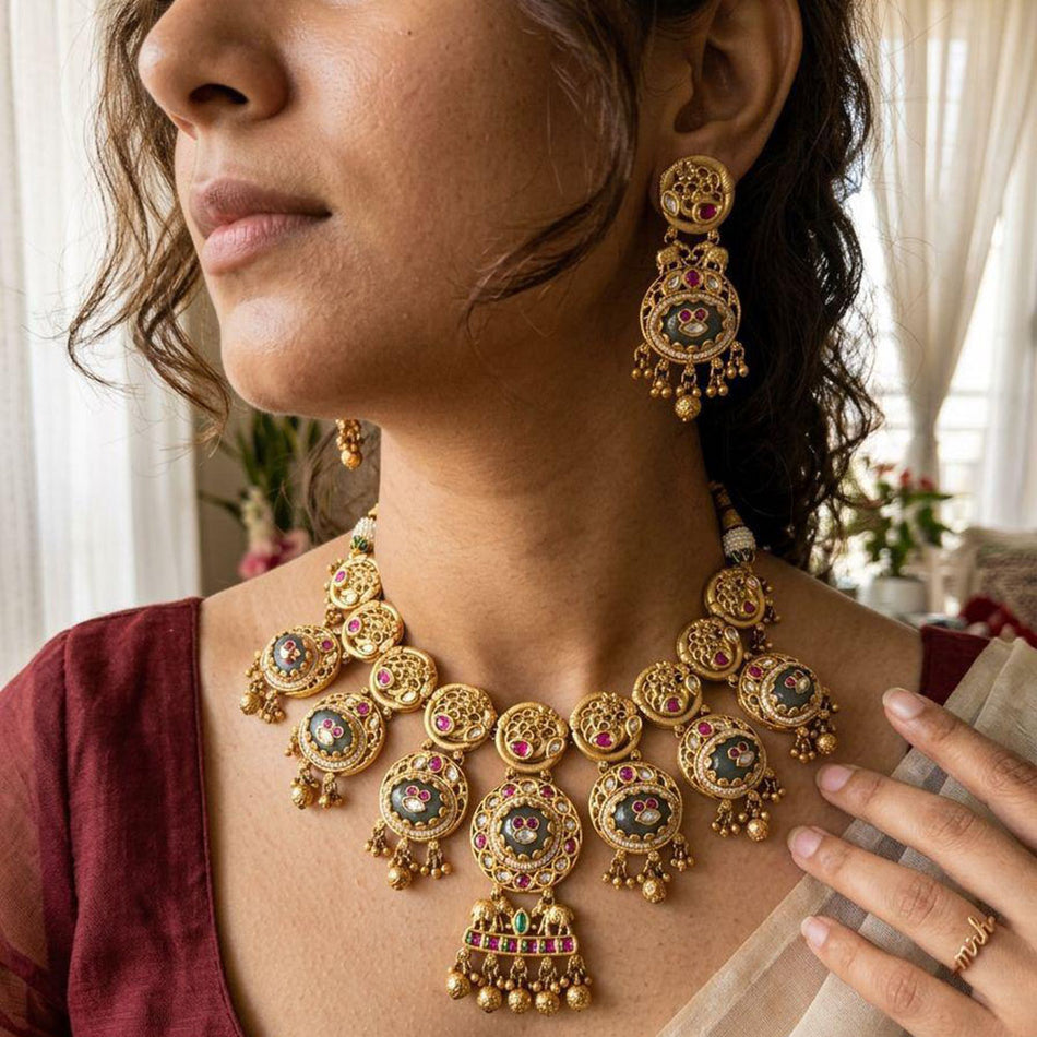 Pota Stone Necklace in Rose Gold Plated | Bridal Jewellery India