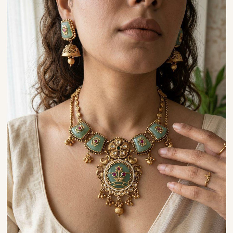 Pota Stone and Pearl Necklace in 18K Gold Plated | Bridal Jewellery India
