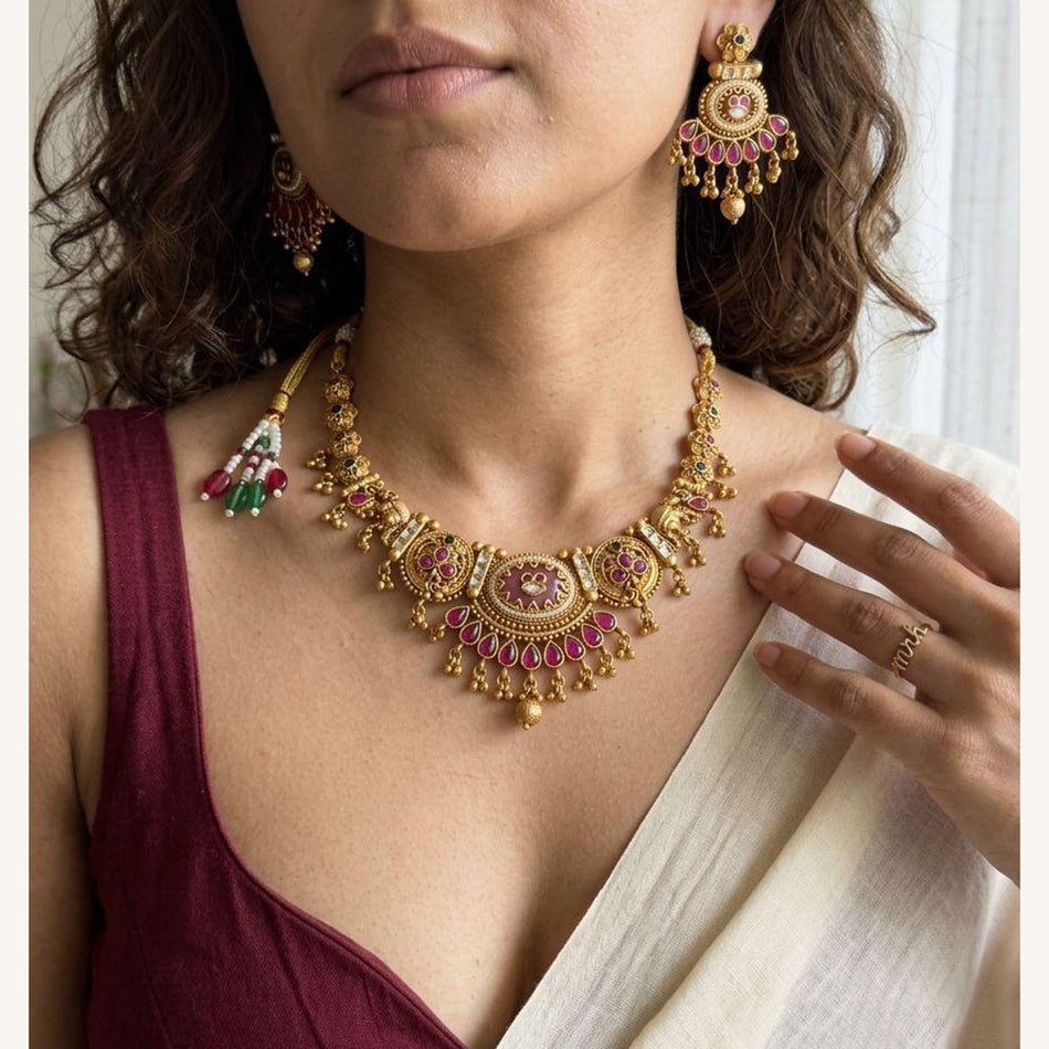 Pota Stone Necklace in 14K Gold Plated | Bridal Jewellery India