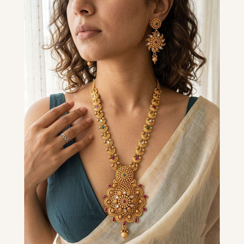Pota Stone and Pearl Necklace in 14K Gold Plated | Bridal Jewellery India