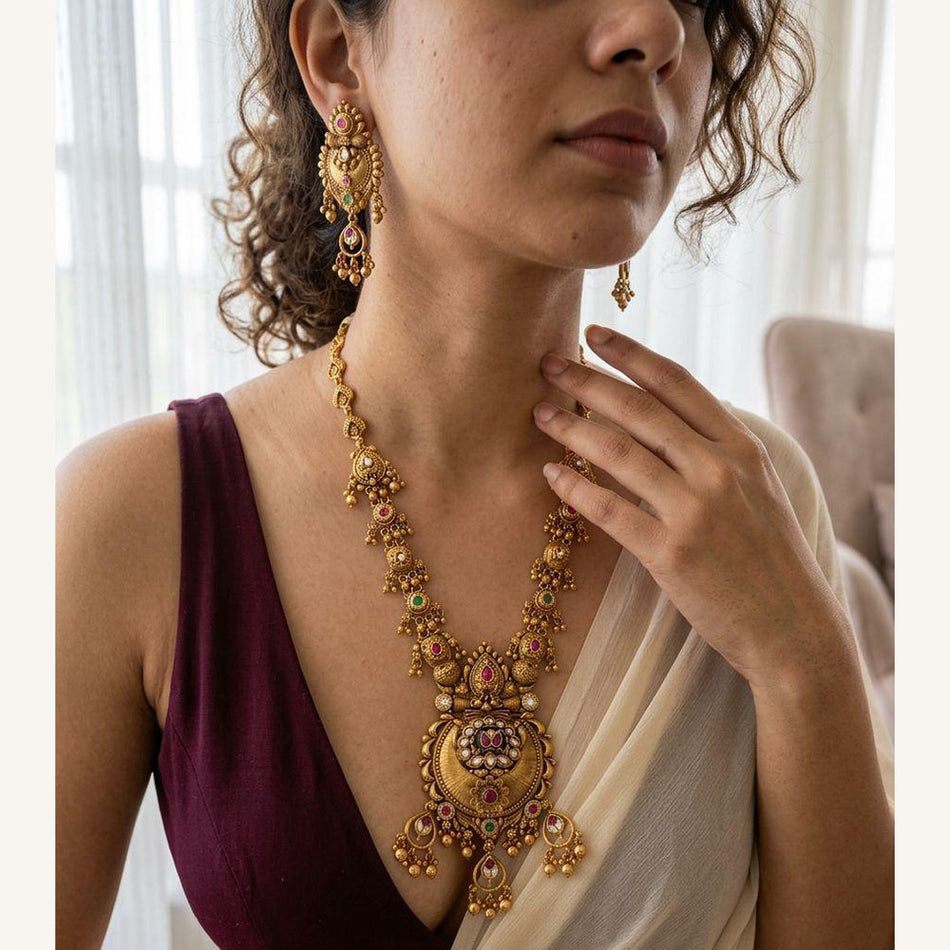 Pota Stone   Pearl Necklace in 18K Gold Plated | Bridal Jewellery India