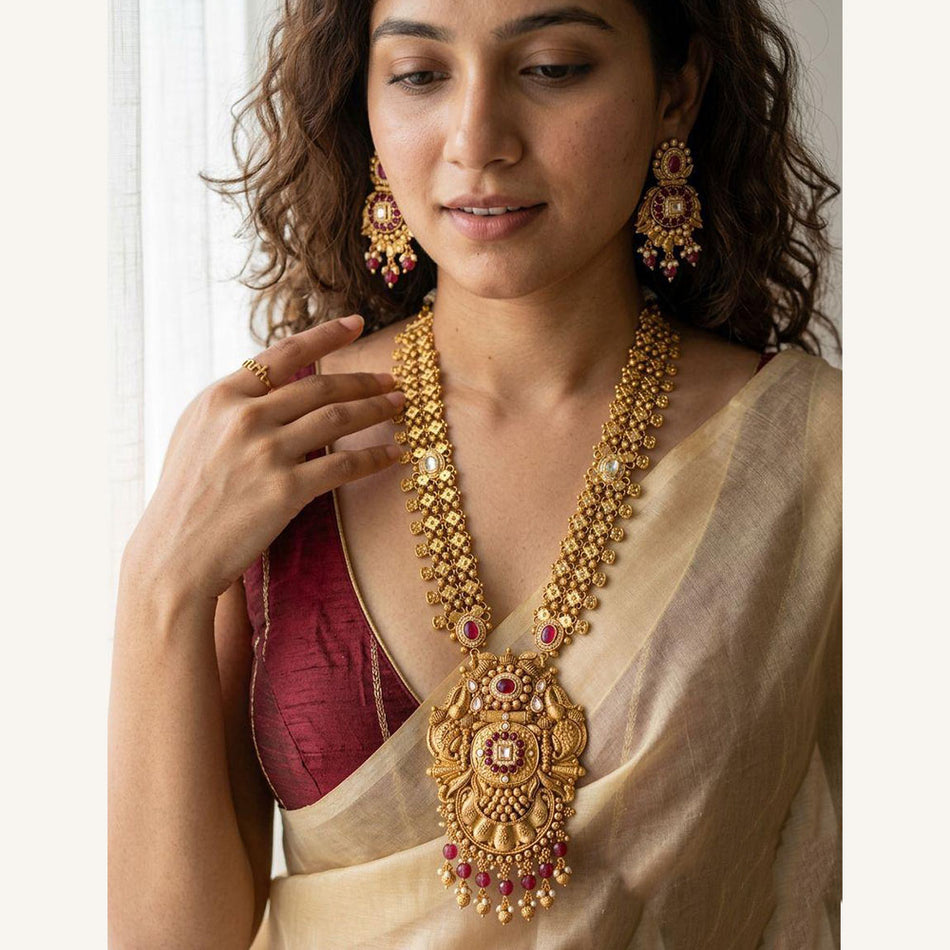 Pota Stone and Pearl Necklace in 14K Gold Plated | Bridal Jewellery India
