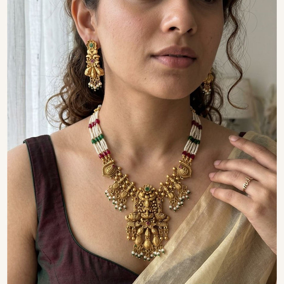 Pota Stone and Pearl Temple Necklace in White Gold Plated | Bridal Jewellery India