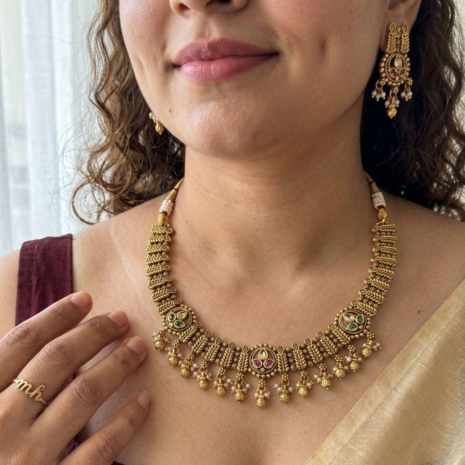 Rose Gold Plated Pota Stone and Pearl Necklace Set | Bridal Jewellery India