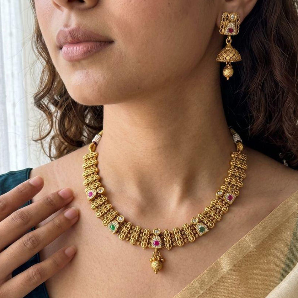 Pota Stone   Pearl Necklace in 14K Gold Plated | Bridal Jewellery India