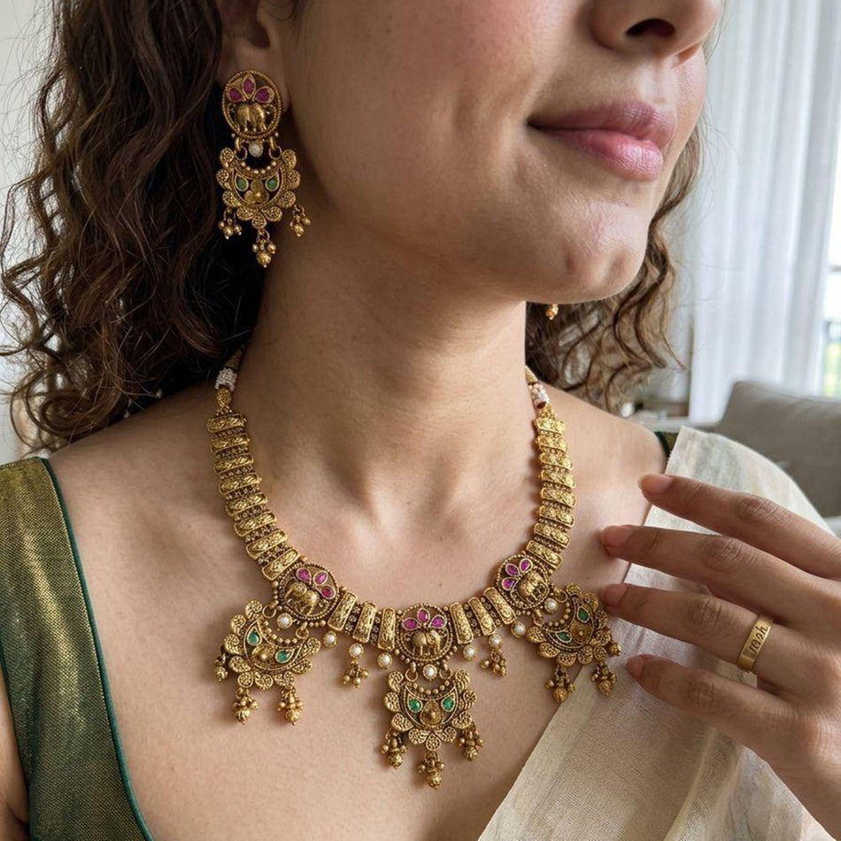 Pota Stone and Pearl Necklace in Sterling Silver | Bridal Jewellery India