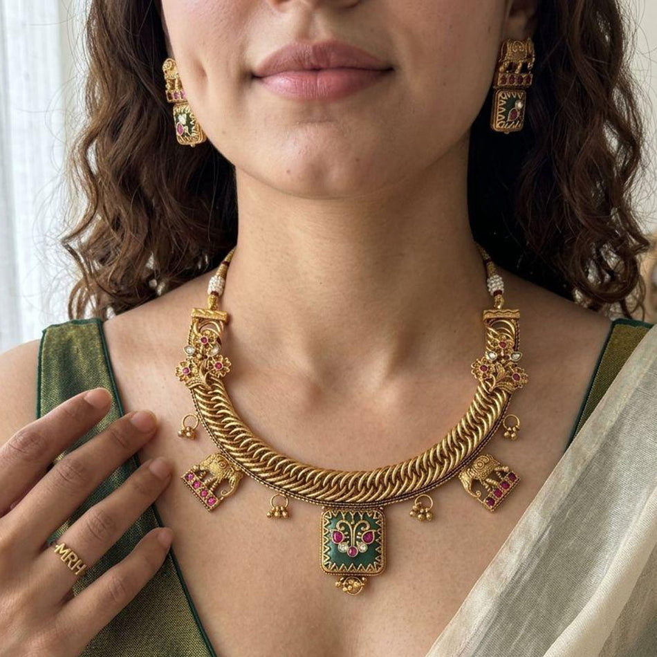 Pota Stone Choker Necklace in Rose Gold Plated | Bridal Jewellery India