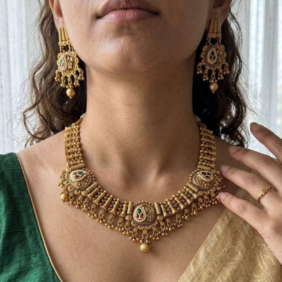 Pota Stone and Pearl Necklace in 14K Gold Plated | Bridal Jewellery India