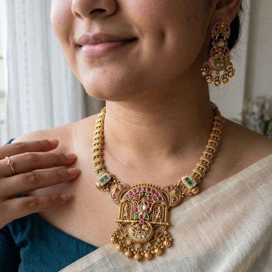 Pota Stone and Pearl Necklace in Sterling Silver | Bridal Jewellery India