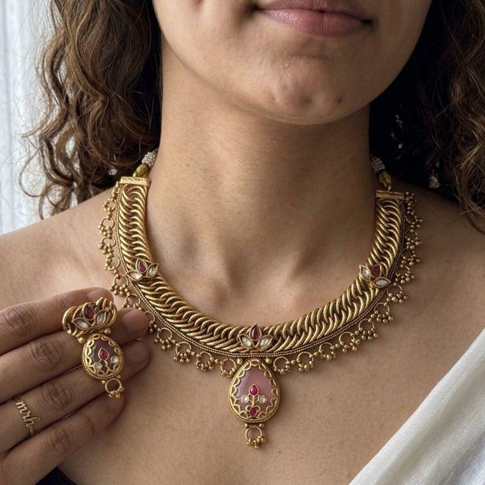 Pota Stone and Pearl Necklace in Sterling Silver | Bridal Jewellery India