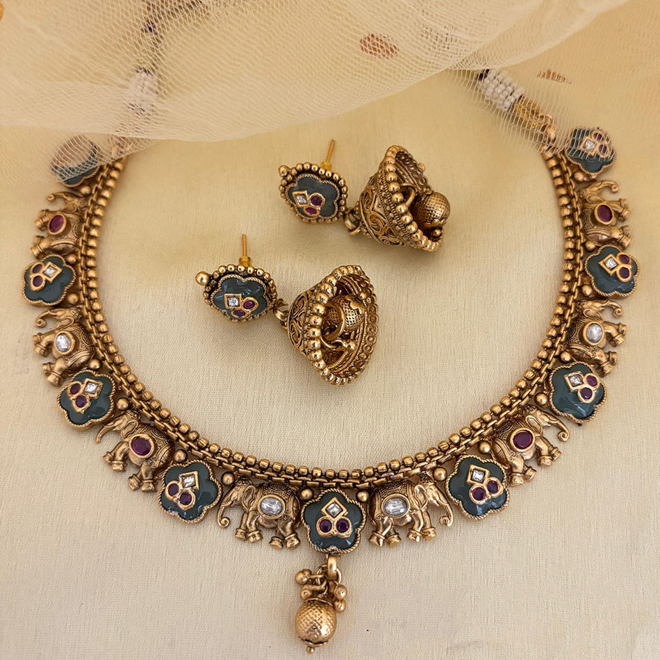 Pota Stone and Pearl Necklace in White Gold Plated | Bridal Jewellery India