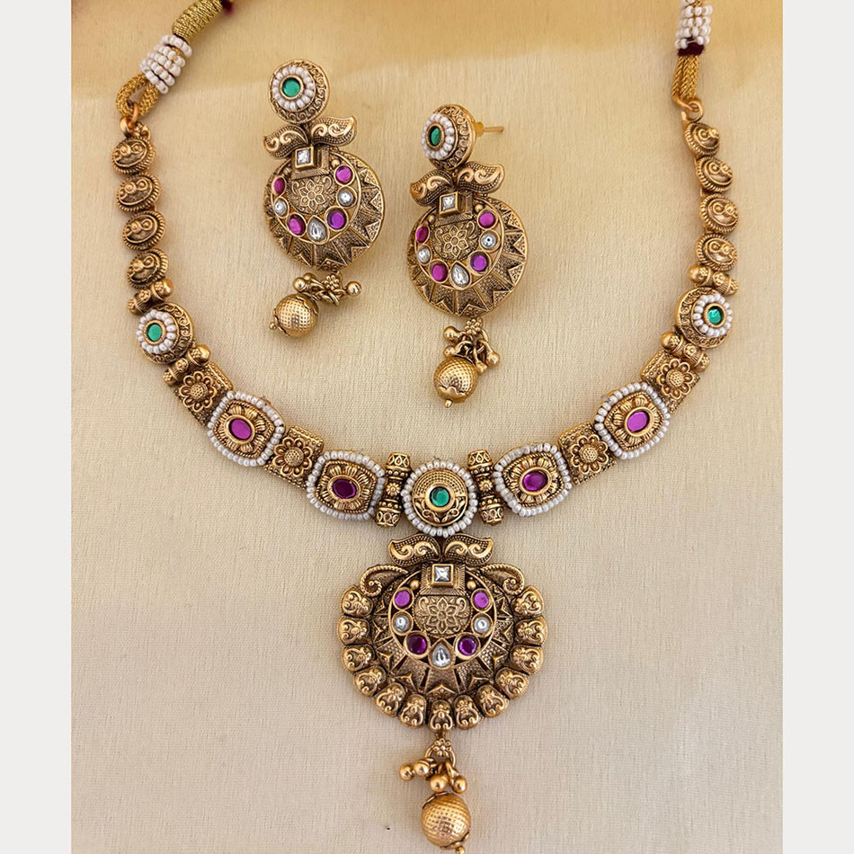 Pota Stone and Pearl Necklace in 14K Gold Plated | Bridal Jewellery India