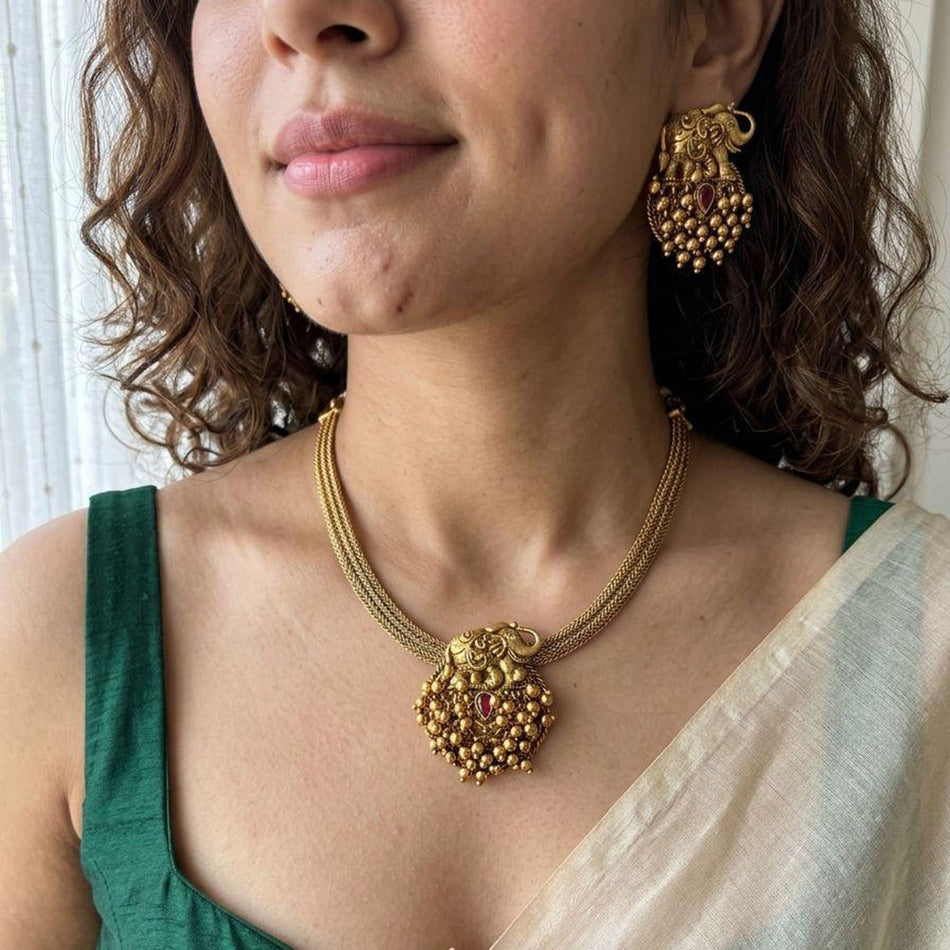 Elegance Elephant Pearl Necklace in Gold Tone | Bridal Jewellery India