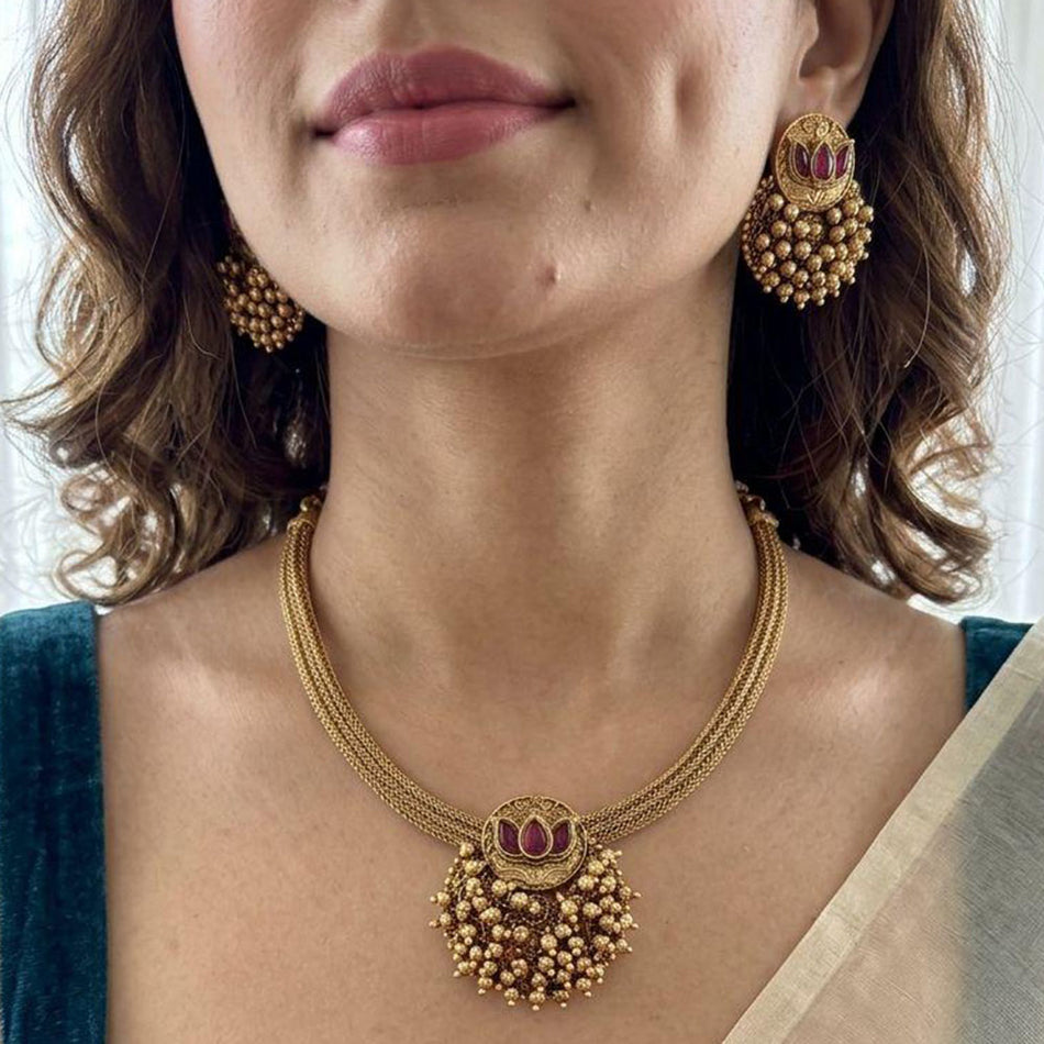 Pota Stone and Pearl Necklace in White Gold Plated | Bridal Jewellery India