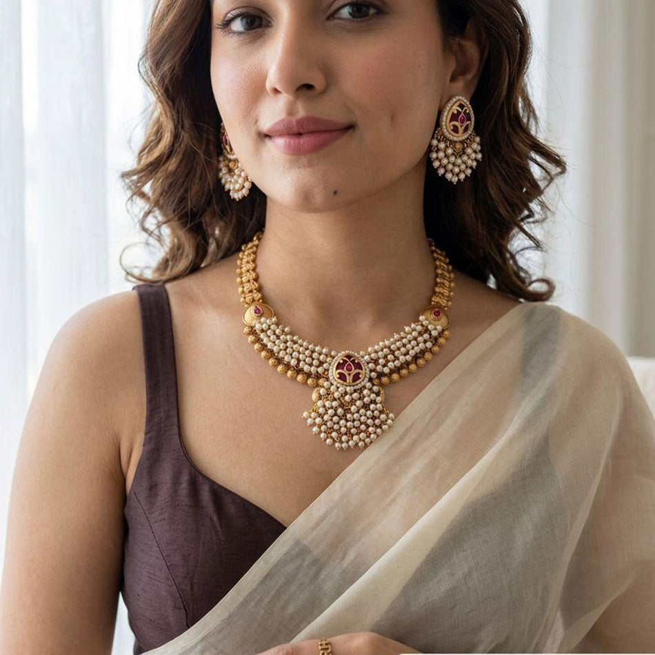 Pota Stone Pearl Necklace in White Gold Plated | Bridal Jewellery India