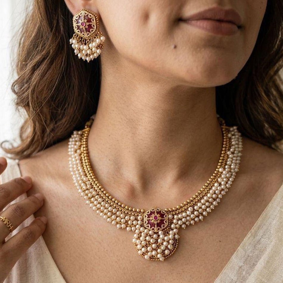 Pota Stone   Pearl Necklace in Sterling Silver | Bridal Jewellery India