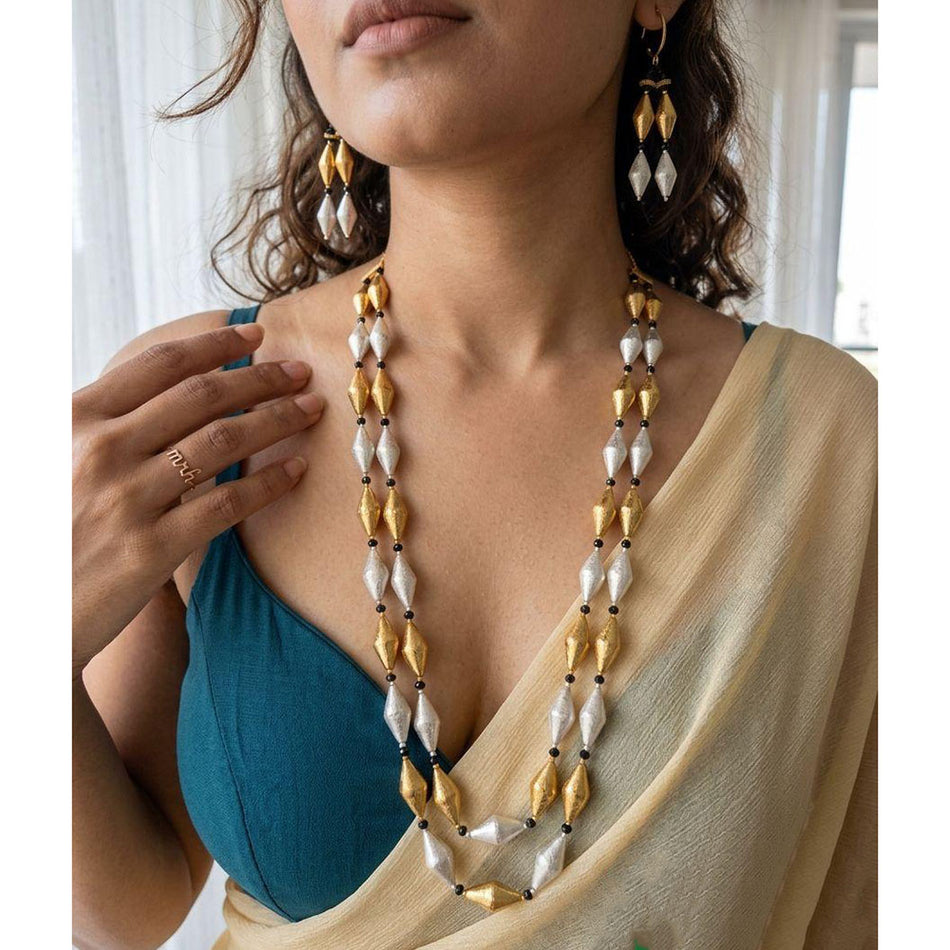 Designer Beads Long Necklace Set in Sterling Silver | Bridal Jewellery India