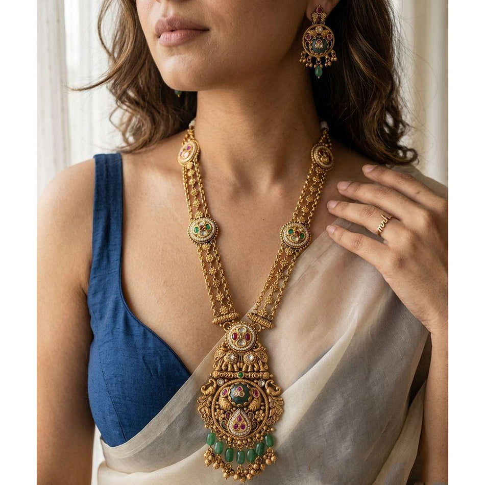 Pota Stone Long Necklace in Rose Gold Plated | Bridal Jewellery India