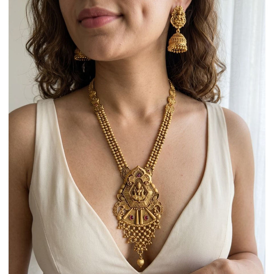 Pota Stone Long Necklace in Oxidised Silver | Bridal Jewellery India