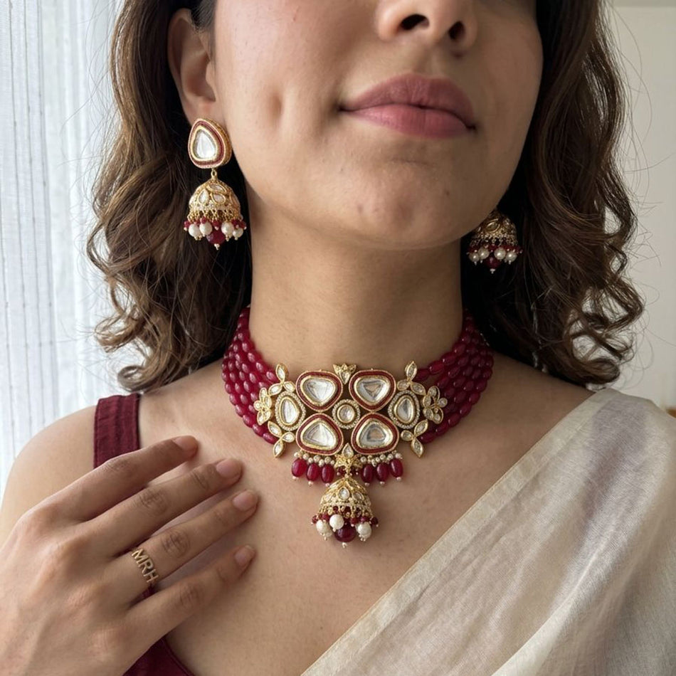 Kundan Choker Necklace in Gold Plated with Beads | Bridal Jewellery India