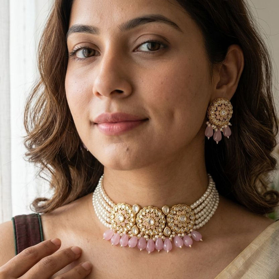 Glamorous Pota Stone Pearl Choker in Silver | Bridal Jewellery India