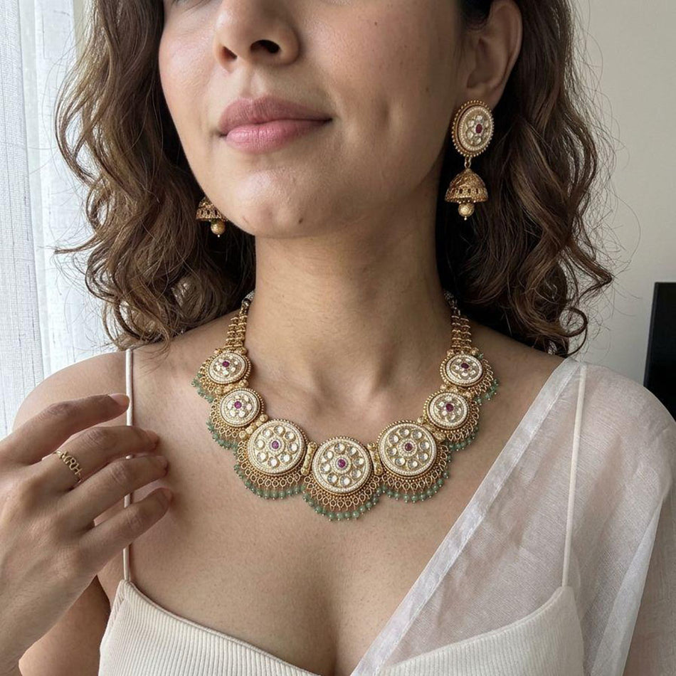 Pota Stone and Pearl Necklace in Sterling Silver | Bridal Jewellery India