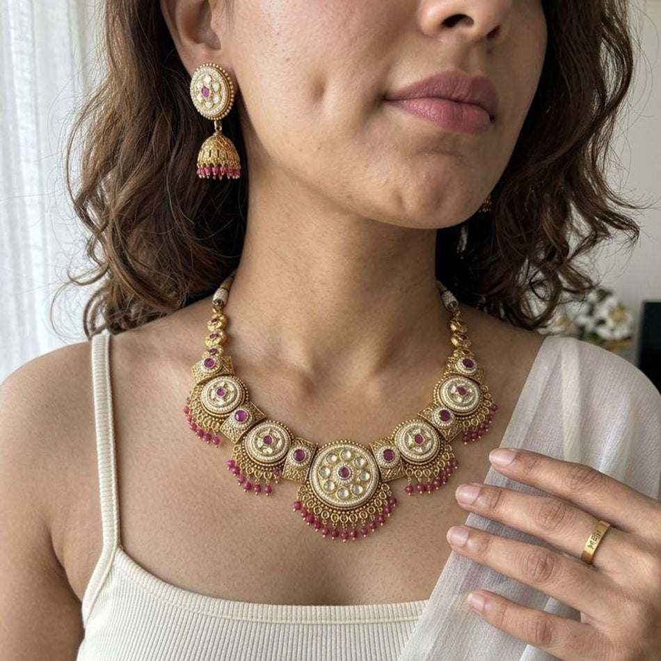 Pota Stone   Pearl Necklace in 14K Gold Plated | Bridal Jewellery India