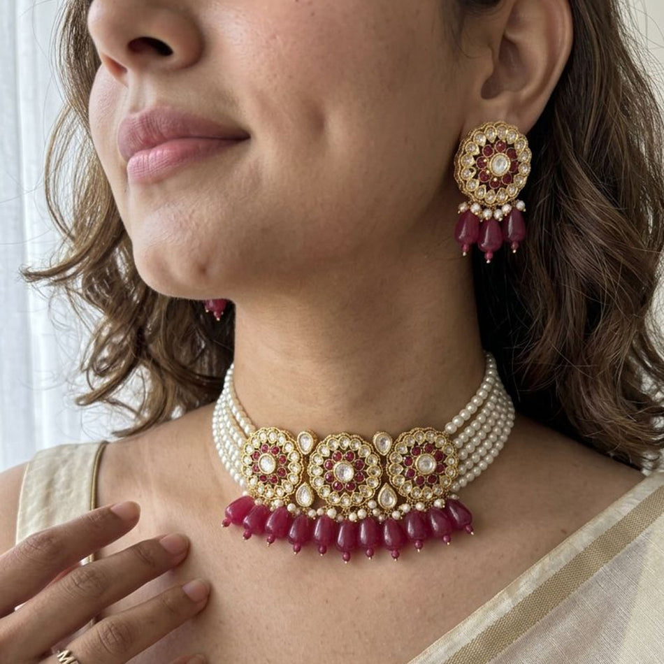 Gilded Pota Stone Pearl Choker Necklace for Occasion | Bridal Jewellery India
