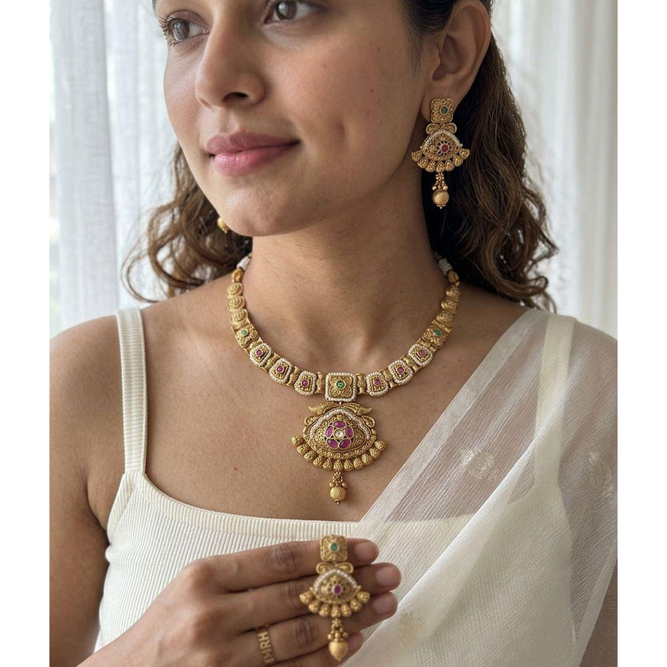 Garnet Bead Necklace in Platinum | Bridal Jewellery India