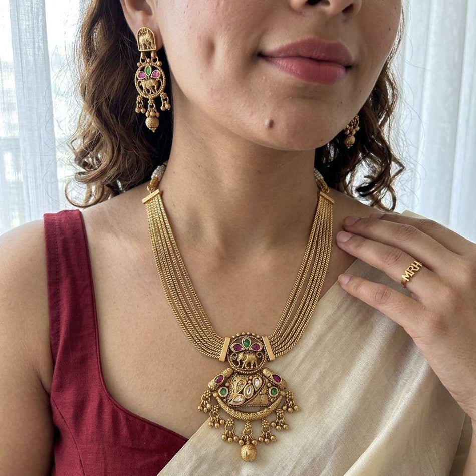 Pota Stone and Pearl Necklace in 14K Gold Plated | Bridal Jewellery India