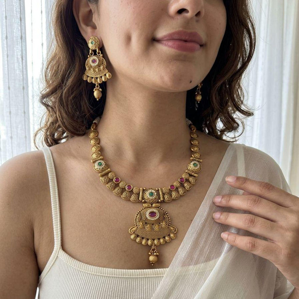 Pota Stone Pearl Necklace in Gold Tone | Bridal Jewellery India