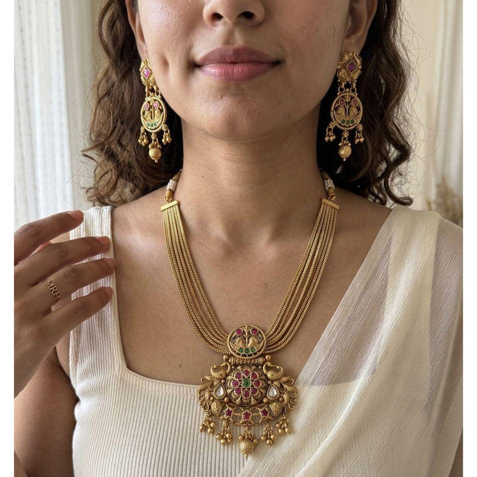 Pota Stone and Pearl Necklace in White Gold Plated | Bridal Jewellery India