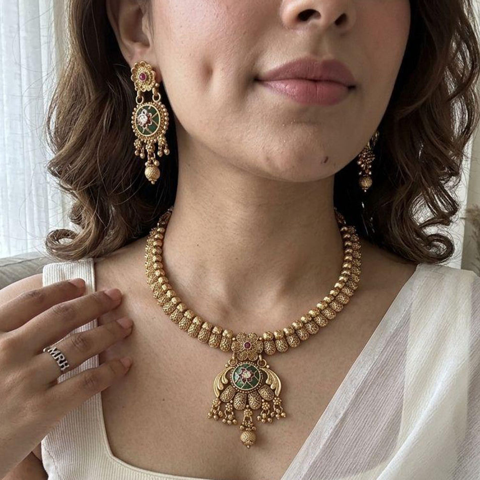 Pota Stone   Pearl Necklace in 14K Gold Plated | Bridal Jewellery India