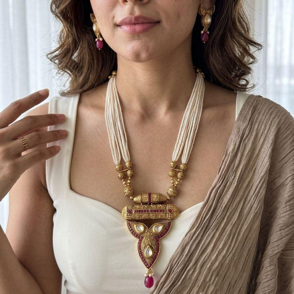 Pota Stone   Pearl Necklace in Sterling Silver | Bridal Jewellery India