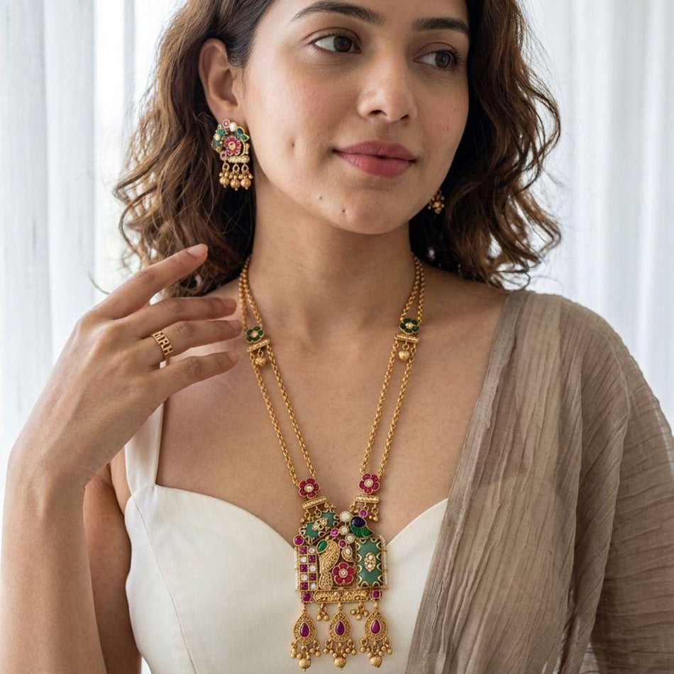 Pota Stone and Pearl Necklace in Gold Plated | Bridal Jewellery India