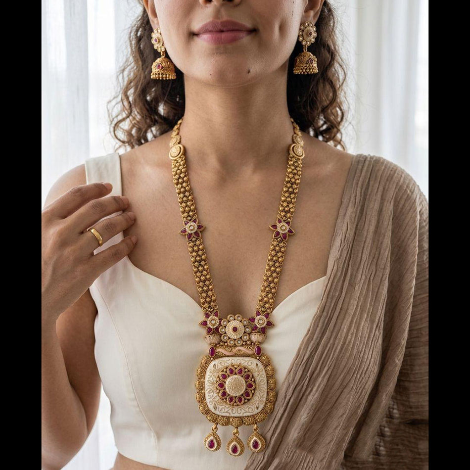 Meenakari Necklace in Gold Plated with Pearls | Bridal Jewellery India