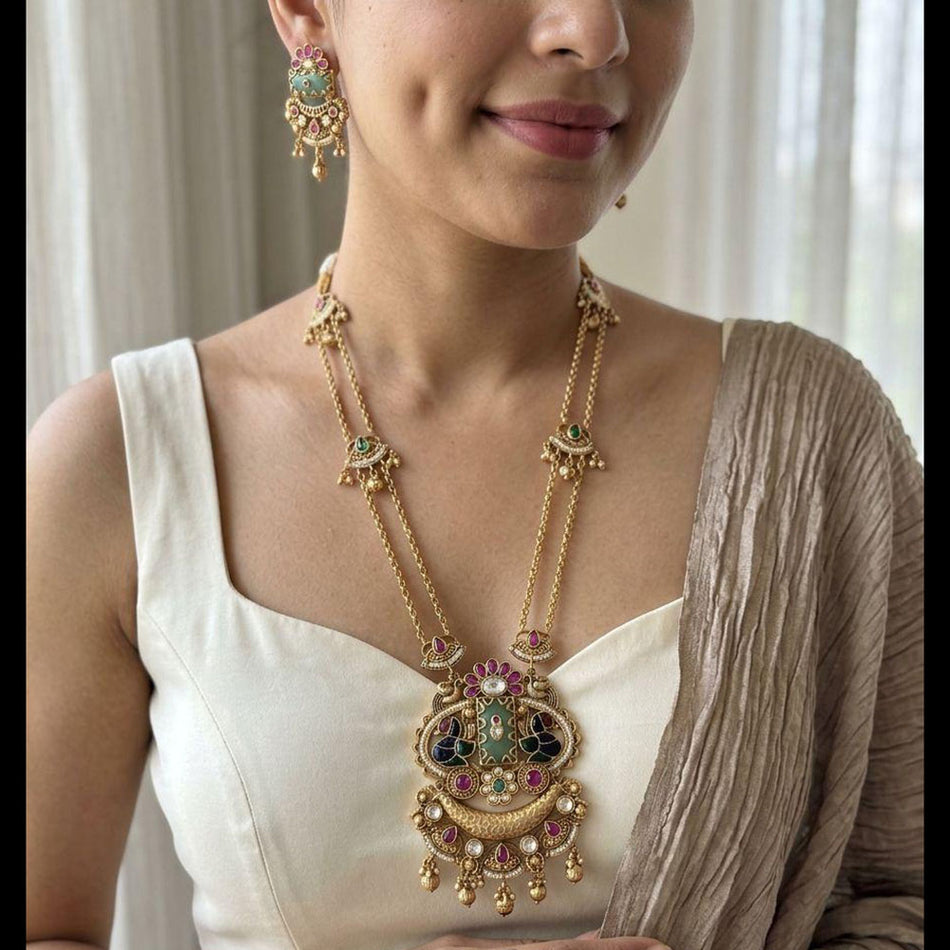 Pota Stone   Pearl Long Necklace in Sterling Silver | Bridal Jewellery India