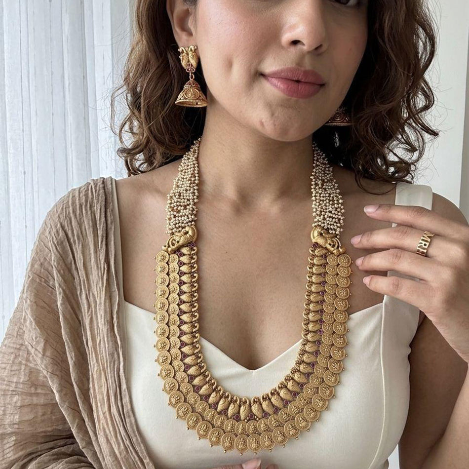 Pota Stone and Pearl Necklace in Oxidised Silver | Bridal Jewellery India