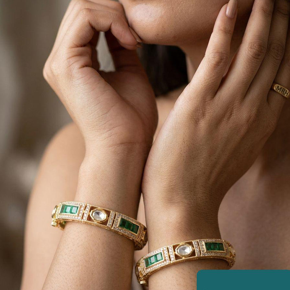 Designer Polki Kundan Openable Bangle Set in Gold Tone | Bridal Jewellery India