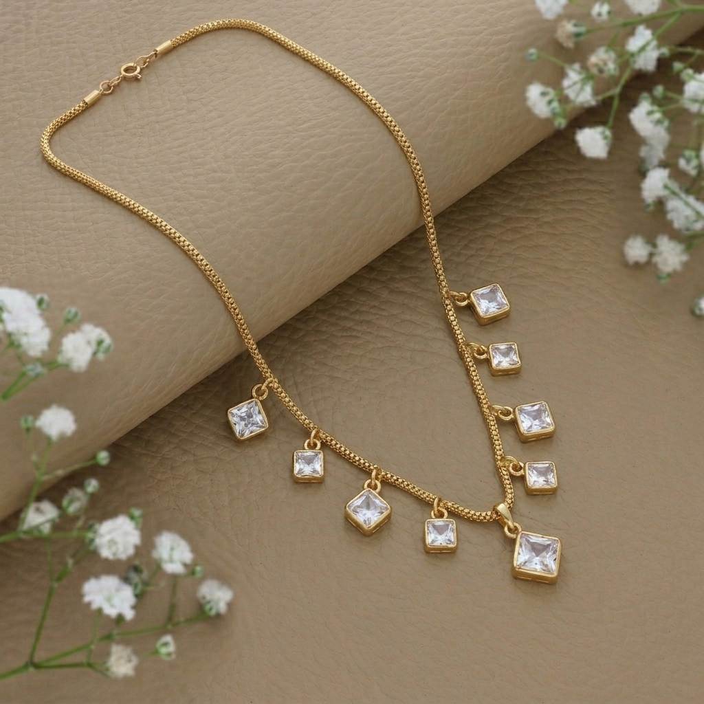 Minimal Gold Plated Chain Necklace with Crystal Drops | Bridal Jewellery India