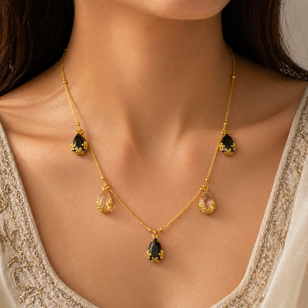 Gold Plated Chain Necklace in Oxidised Silver with Drops | Bridal Jewellery India