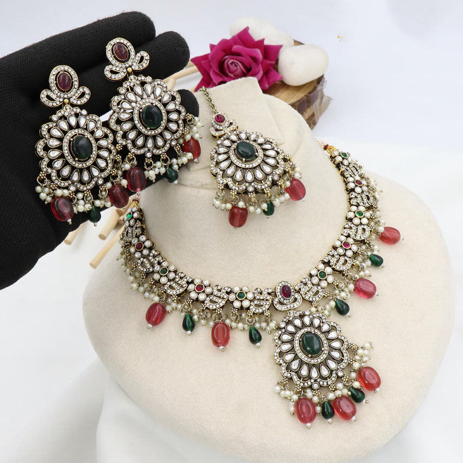 Ethnic Pota Beads in Austrian Silver Necklace Set | Bridal Jewellery India